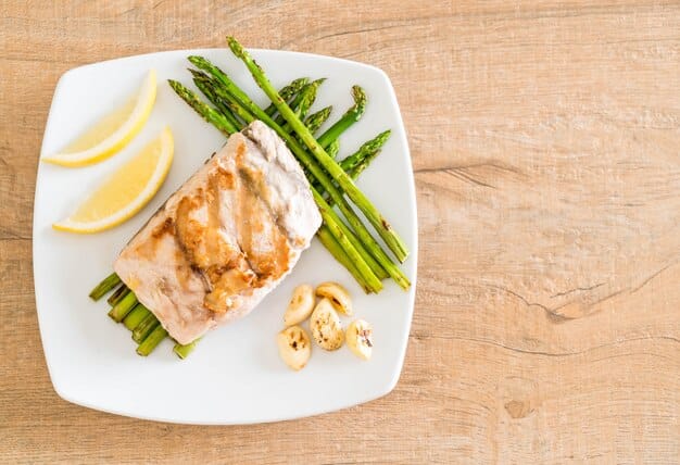 A plate of salmon with asparagus and a glass of milk, highlighting vitamin D-rich foods. The image should have a clean and appetizing aesthetic.