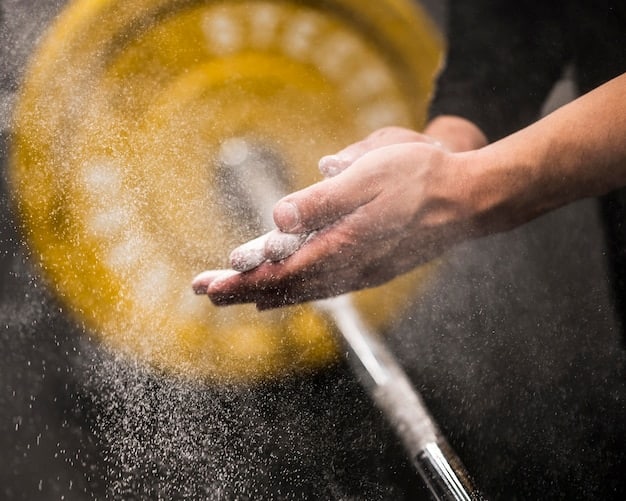A close-up shot of a weightlifter's hands gripping the barbell during a bench press, showing chalk dust and intense focus. The lighting highlights the texture of the barbell and the lifter's skin.