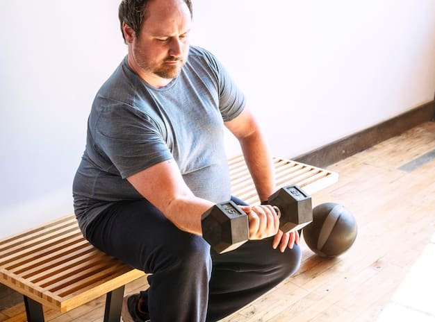 A man in his early 40s performing a dumbbell fly on a bench, with proper form and controlled movement. He's in a home gym setting with adjustable dumbbells and a weight bench.