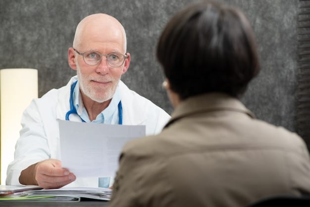 A close-up shot of a doctor explaining PSA test results to a male patient, with a focus on the doctor's reassuring expression and the patient's attentive listening. The setting is a well-lit, modern clinic.