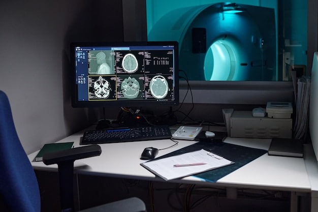 An mpMRI scan of a prostate, clearly showing a suspicious area highlighted with annotations. The image is displayed on a medical monitor in a dimly lit room.