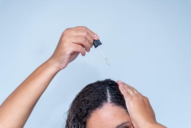 A close-up shot of a person's scalp being treated with Minoxidil solution, focusing on the applicator and the hair follicles.