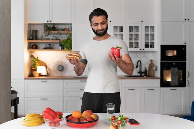 A brightly lit kitchen scene showing a man preparing a healthy meal with fresh vegetables, whole grains, and lean protein. He is smiling and appears to be enjoying the process of making the nutritious meal.