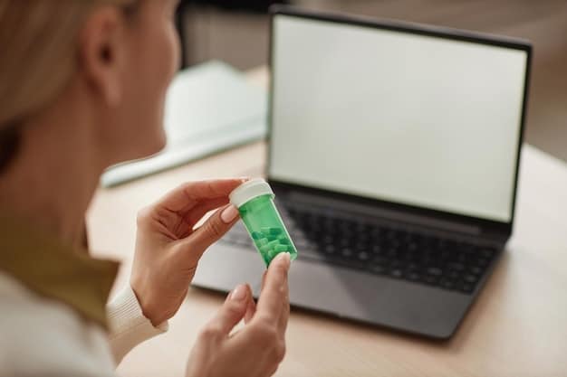 A close-up of a laptop screen displaying a discount coupon for prescription medication. The cursor is hovering over a 