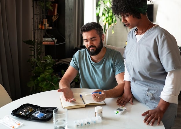A doctor is sitting at their desk, discussing medication options with a male patient. The doctor is gesturing towards a prescription pad, while the patient is listening attentively and holding a pen, ready to take notes.