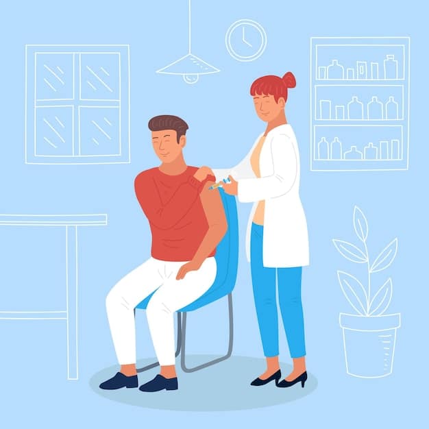 A man receiving an injection in his upper arm by a healthcare provider. The setting is a clean, modern medical office, emphasizing the professional and medical nature of the procedure.