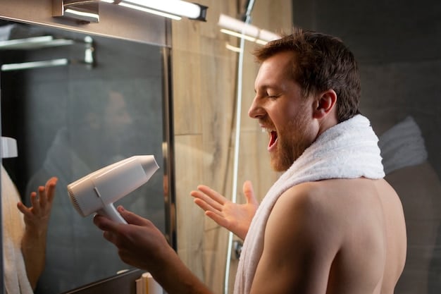 A man is carefully shaving his face in a steamy bathroom mirror. The background shows a blurred scene of a modern glass-enclosed shower.