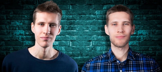A split image showing two men. On the left, a man with a patchy, uneven beard in the early growth stages. On the right, a man with a full, well-groomed beard, showcasing the transformation possible with time and care.