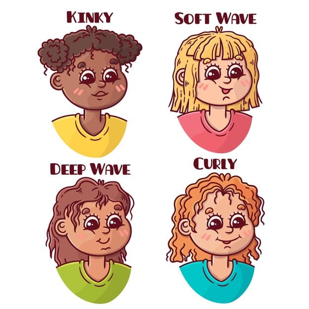 A detailed close-up shot of a man's hair, clearly showing the different hair types: straight, wavy, curly, and coily, each with a tag indicating the type