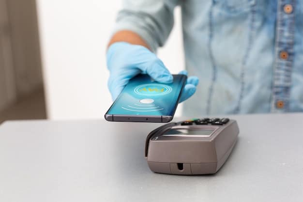 A hand holding an RFID-blocking wallet, with a smartphone nearby attempting to scan it. The wallet is designed to block the RFID signal, protecting the cards inside. The background is a modern office setting.