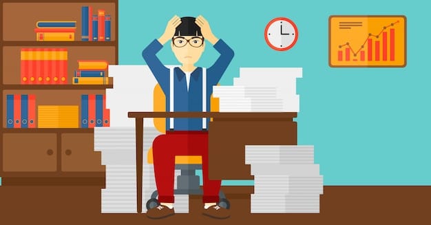 A man sitting at his desk, surrounded by piles of paperwork, looking overwhelmed and frustrated, with his head in his hands.