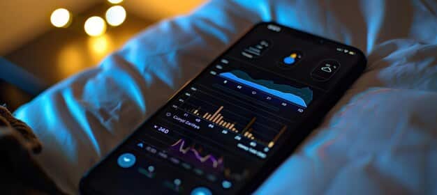 A digital dashboard showing sleep data, including sleep stages, heart rate variability, and sleep duration, visualized in graphs and charts, highlighting the use of data for sleep optimization.