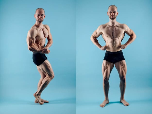 A split screen image showing a muscular male physique on one side, representing the idealized image often seen on social media, and a silhouette of an average male figure on the other side, symbolizing the disparity and the pressure it can create. A cracked screen effect visually separates the two images.
