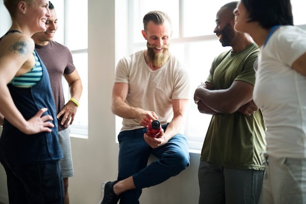 A diverse group of men engaging in various activities that promote physical and mental well-being, such as yoga, hiking, weightlifting, and cooking healthy meals. The scene is bright and uplifting, emphasizing the positive aspects of a healthy lifestyle.
