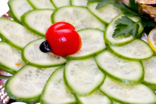 A colorful salad bowl filled with various leafy greens, cherry tomatoes, cucumber slices, and a light vinaigrette dressing, viewed from above, visually emphasizing the freshness and healthiness of the meal.