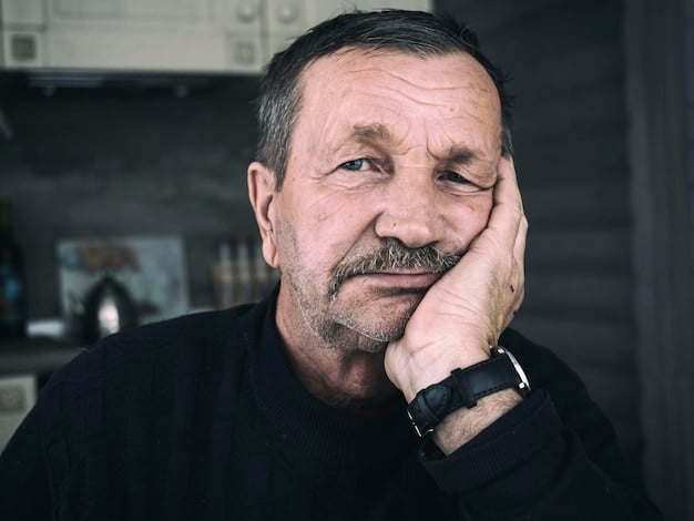 A close-up shot of a middle-aged man, his expression reflecting inner turmoil and suppressed emotions. The lighting is dim, emphasizing the shadows on his face. The background is intentionally blurred, focusing attention on his emotional state.
