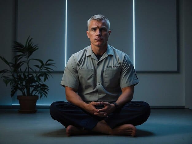 A serene image of a man seated in a cross-legged position, eyes closed, meditating in a peaceful outdoor setting. The scene is set at dawn with soft sunlight filtering through the trees, emphasizing tranquility and mental clarity.