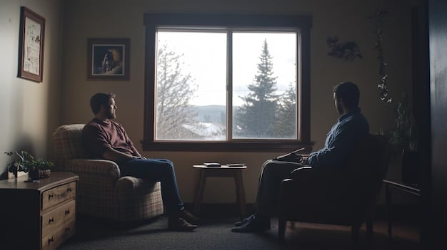A serene image of a therapist and a male patient in a counseling session. The atmosphere is calm and supportive, with soft lighting.