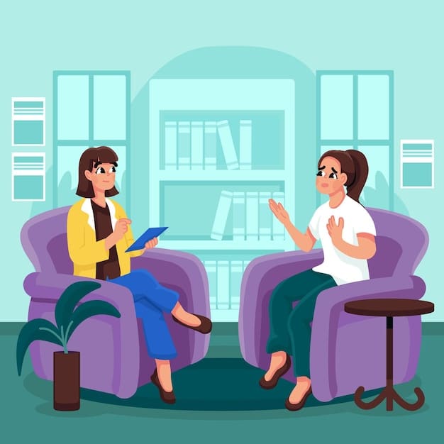 A person in a therapist's office explaining their situation to a therapist.