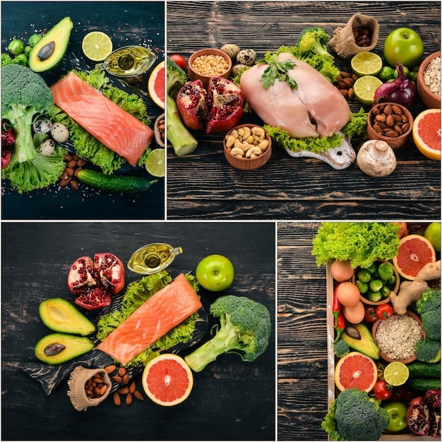 A split image showing healthy food options (fruits, vegetables, lean protein) on one side, and unhealthy options (fast food, sugary drinks) on the other, with a scale in the middle indicating weight balance.