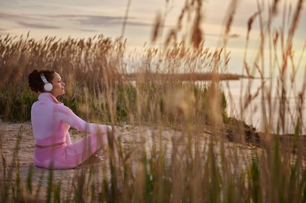 A person practicing mindful meditation in a serene, natural setting. Soft, calming colors.
