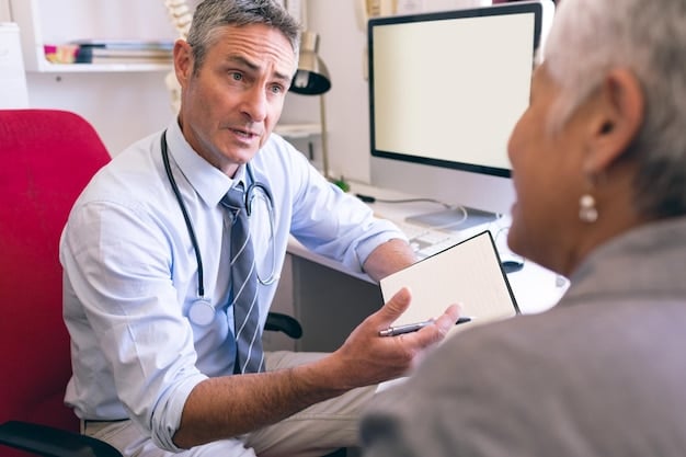 A man consulting a doctor in a well-lit office. The focus is on the interaction between the patient and the doctor, suggesting a professional medical consultation.