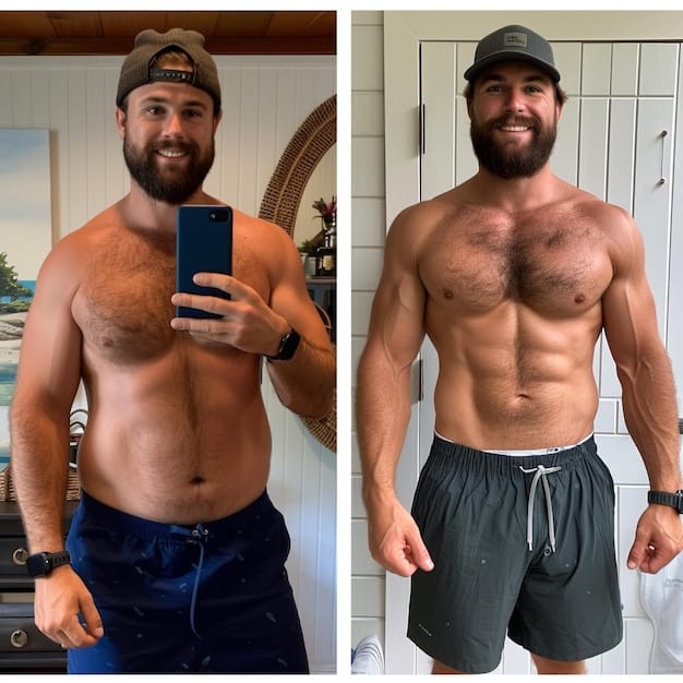 A split-screen image showing a man before and after testosterone replacement therapy. The 