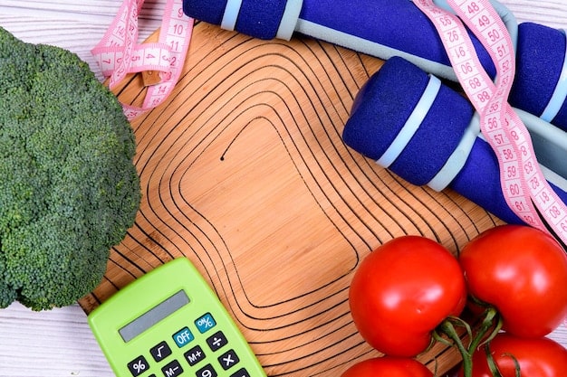 An overhead, flat-lay shot of various healthy lifestyle elements arranged on a wooden surface. The elements include a glass of fresh green smoothie, a pair of running shoes, a measuring tape, and some fresh fruits.