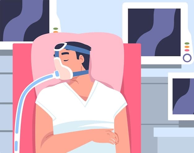 A close-up illustration of a person sleeping with a CPAP machine, highlighting the mask and the flow of air. The lighting is soft and indicates a peaceful sleep environment.