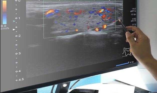 An ultrasound image showing the vas deferens, with annotations highlighting the area where reconnection would occur during a vasectomy reversal.