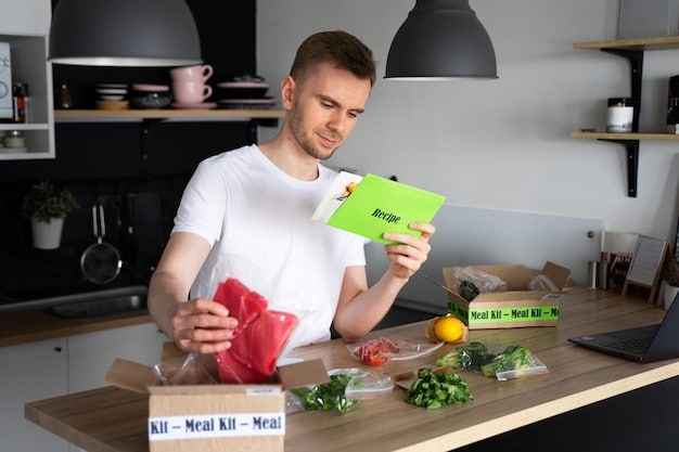 A man meticulously planning his meal prep, with a food scale and various healthy ingredients on a kitchen counter, emphasizing precision in diet.