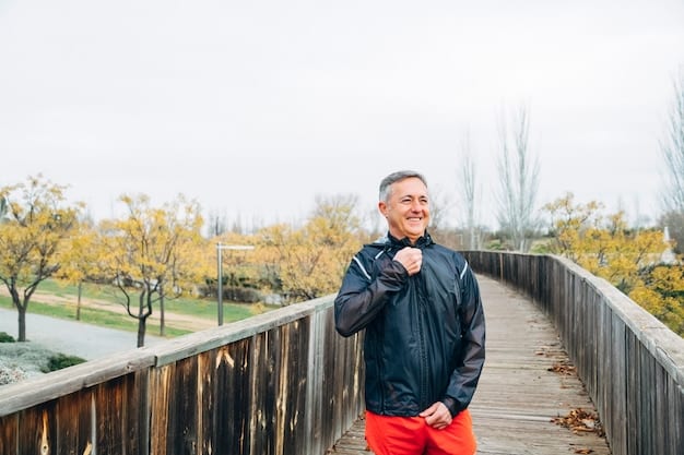 A man in his 40s or 50s, looking energetic and healthy, taking a brisk walk in a scenic park with lush greenery, demonstrating moderate physical activity. He wears comfortable athletic clothes.