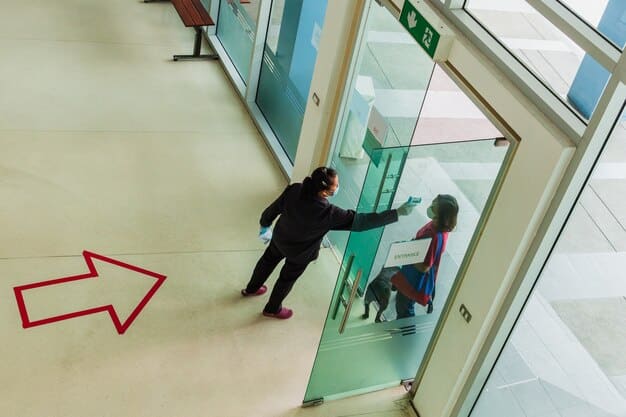 Two paths diverging in a corporate hallway, one leading to an internal department, the other to an exit door with a cityscape view, symbolizing choices between internal and external lateral moves.