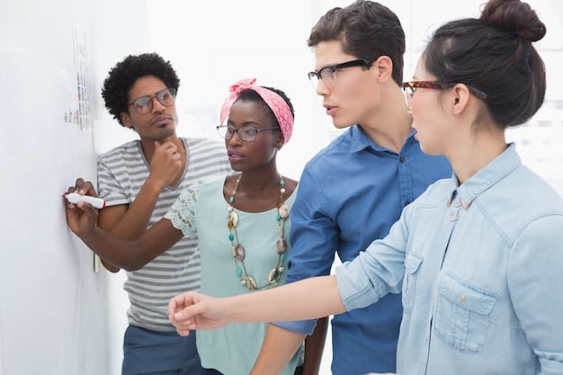 A diverse group of professionals are engaged in a brainstorming session, using a whiteboard covered in flowcharts and ideas, representing problem-solving and critical thinking in a collaborative setting.