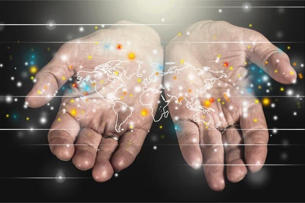 A world map made of interconnected lines and dots, with diverse hands reaching out to form a global network, symbolizing cross-cultural communication and collaborative innovation.