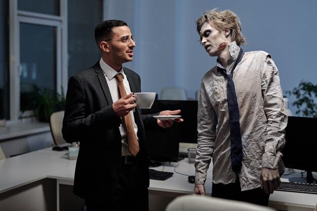A person calmly mediating a discussion between two colleagues, symbolizing diplomatic conflict resolution and maintaining professionalism in a challenging workplace situation.