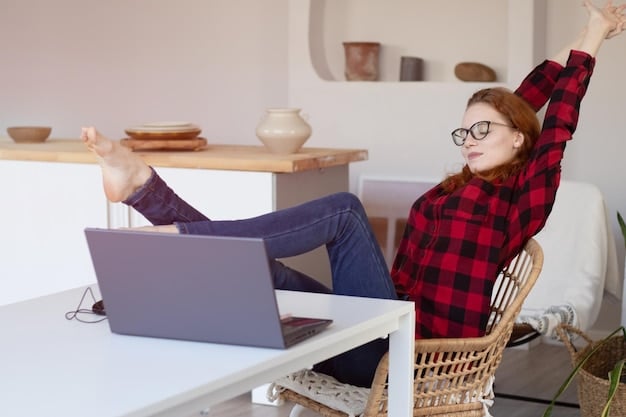 A person using a laptop casually in a comfortable home office setting, symbolizing flexibility and remote work benefits, with a calendar showing ample free time.
