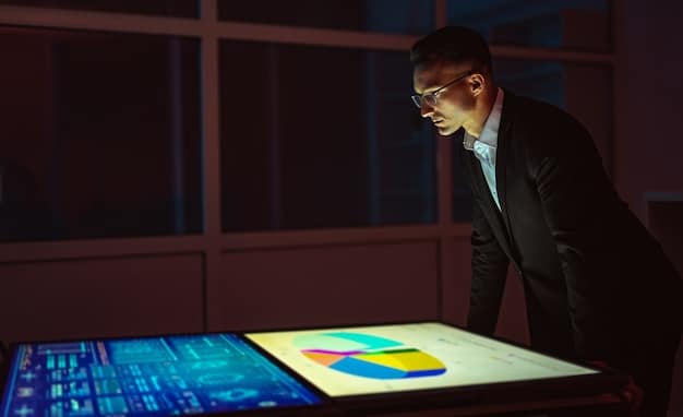 A professional looking at a digital dashboard displaying various data points related to skills gaps, emerging job roles, and personalized learning pathways, representing strategic career planning.