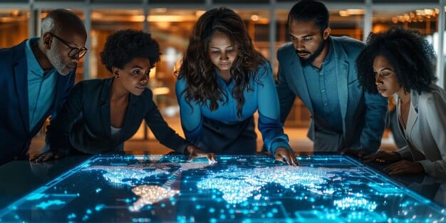 A diverse group of professionals collaborating around a digital mind map displayed on a large screen, illustrating successful teamwork and project management facilitated by technology.