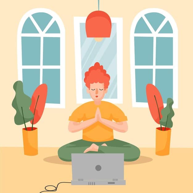 A calm person meditating in a serene home office, symbolizing mental detachment from work and establishing personal boundaries for well-being.