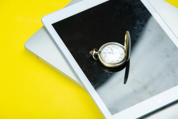 A digital illustration of a task list on a tablet, with a stylized clock in the background, representing efficient time management and digital organization.