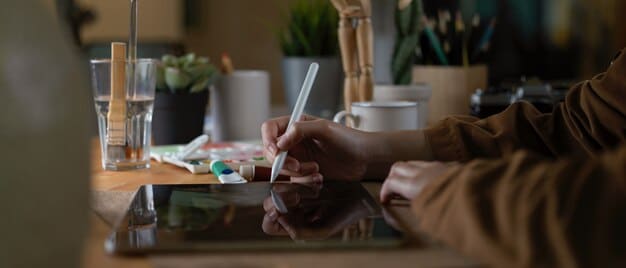 A person sketching ideas on a tablet in a modern co-working space, surrounded by subtle digital interfaces, representing creativity and innovation.