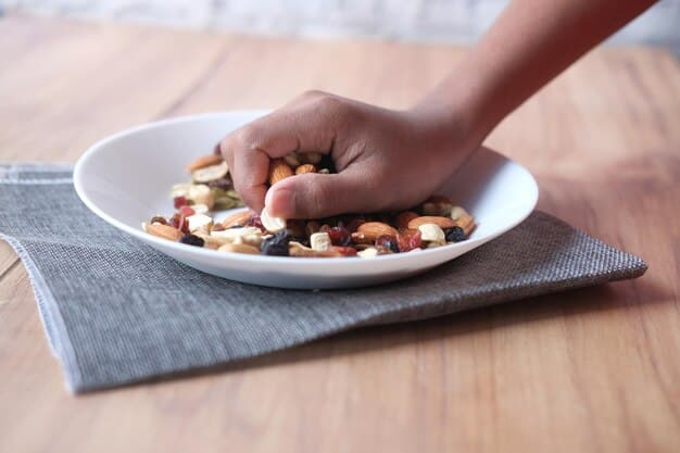 A close-up, dynamic shot of a person's hand (diverse skin tone) accurately weighing food on a digital kitchen scale, with a vibrant salad or healthy meal in the background, emphasizing precision and mindful eating.