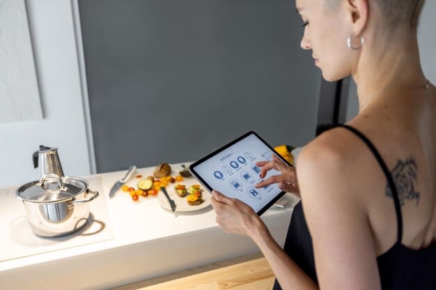 A person in a sleek, modern kitchen, examining personalized meal suggestions displayed on a smart screen, while futuristic food preparation gadgets are visible.