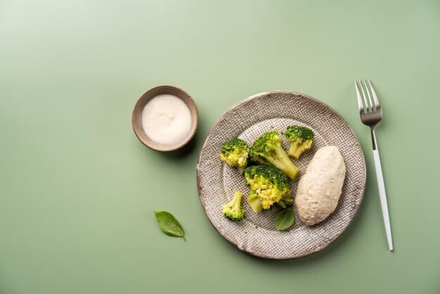 A balanced plate of healthy food (chicken, rice, broccoli) next to a water bottle and a small container of creatine powder, emphasizing the importance of holistic wellness.
