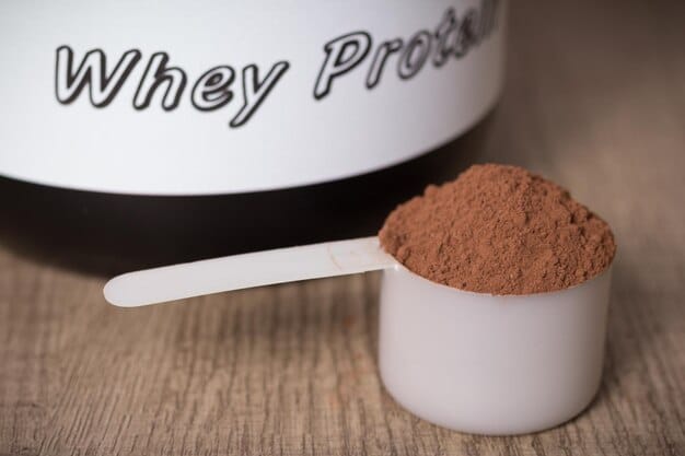 A close-up shot of a nutrition label on a protein powder container, with a magnifying glass hovering over the ingredients list, emphasizing the importance of checking dietary information.
