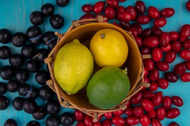 A close-up of colorful fresh berries, leafy greens, and citrus fruits, symbolizing a rich source of various vitamins and antioxidants.