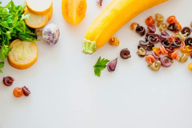 A colorful, vibrant flat lay of various whole foods including fresh fruits, vegetables, nuts, seeds, and lean proteins, arranged aesthetically to convey healthy eating.