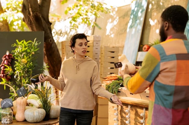 A person thoughtfully selecting fresh produce from an organic farmer's market stall, with vibrant fruits and vegetables in the foreground.
