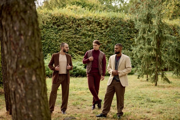 A group of men of different ages engaged in an outdoor activity like hiking or jogging, smiling and interacting, symbolizing camaraderie, healthy coping, and breaking isolation.